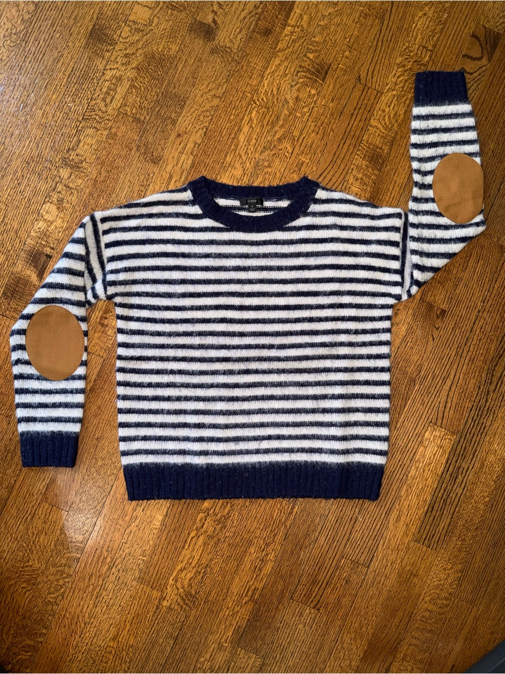 SM J.Crew Striped Sweater with Tan Elbow Patches - Navy & White